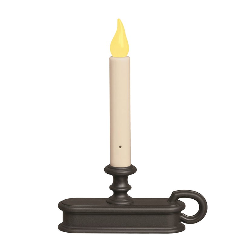 Tall LED candle with amber flame in a black metal holder featuring a handle, ideal for Home & Decor, Holiday Decor, and Candles collections with cordless functionality.