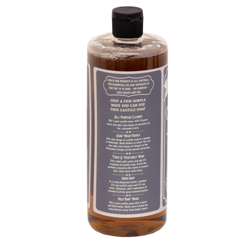Amber bottle of handcrafted Lehman's Castile concentrated liquid soap displaying usage instructions, highlighting natural multi-use formula made in USA for Health & Wellness, Grooming, Soaps collections.