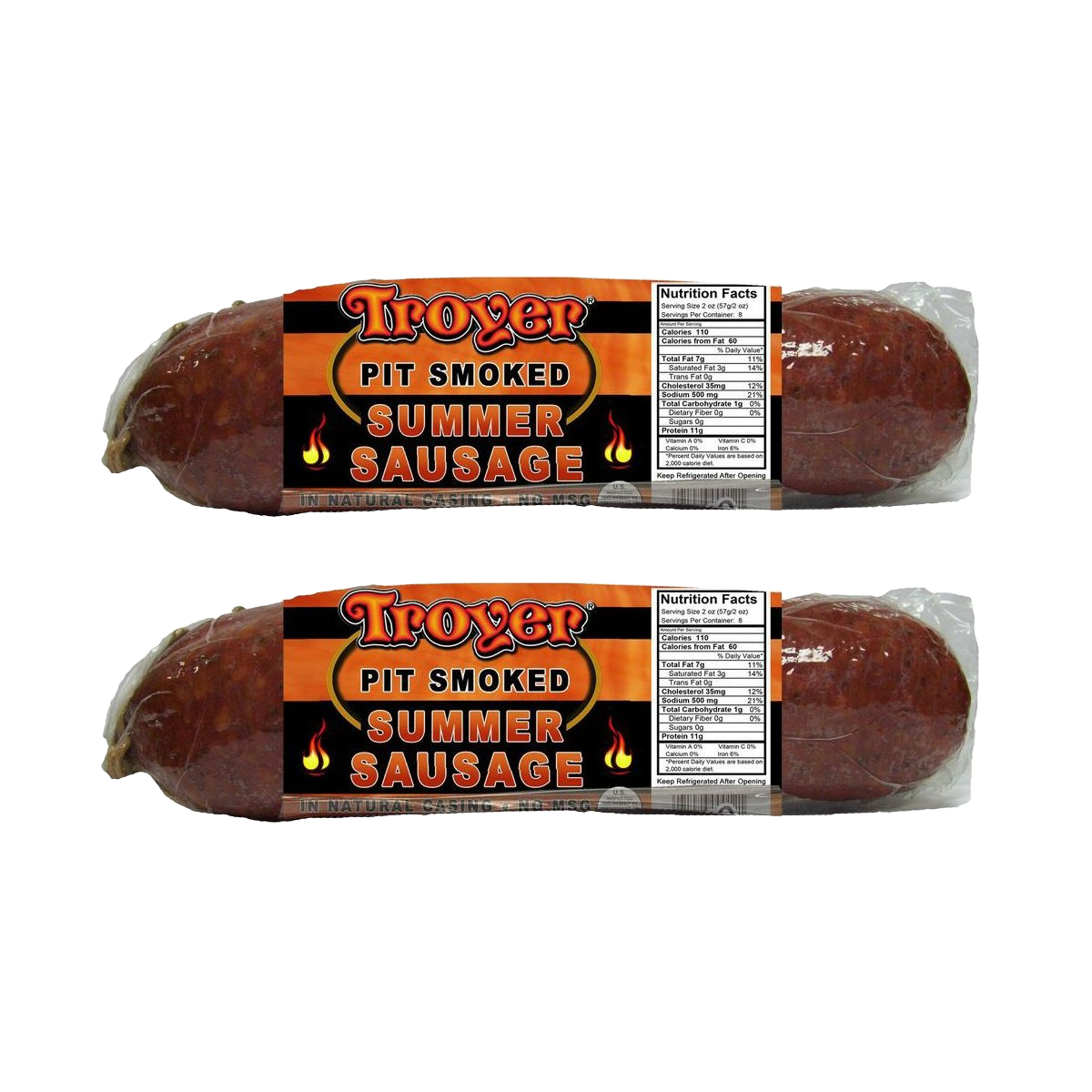 Pair of handcrafted pit smoked summer sausages in clear vacuum-sealed packaging, featuring savory flavors made in USA, ideal for Kitchen & Food, Snacks and Sweets, Pantry, Meats, USA Made, and Best Sellers collections.