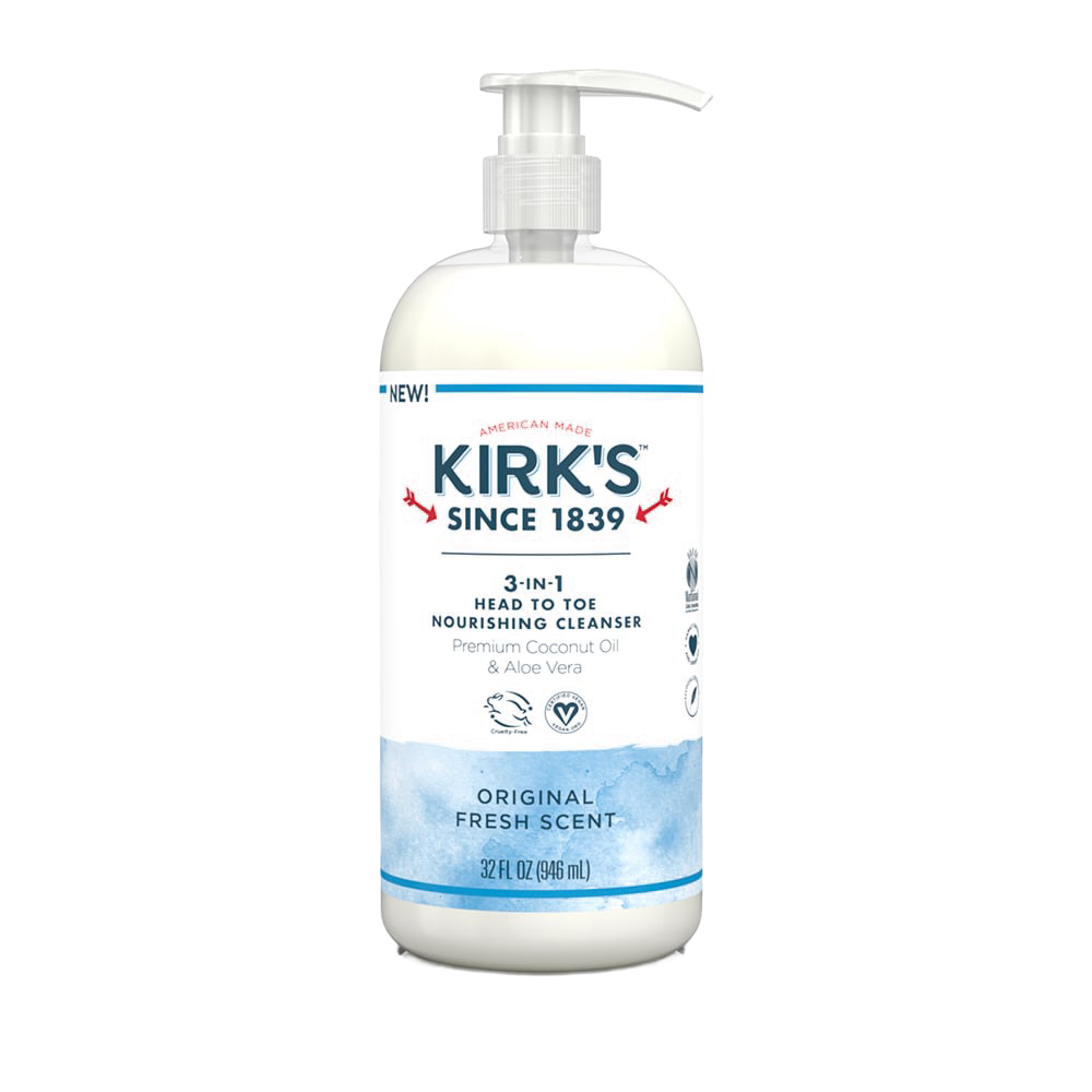 Pump bottle of Kirk's 3-in-1 nourishing cleanser featuring biodegradable, gentle formula with coconut oil and aloe vera, made in USA, ideal for Health & Wellness and Grooming collections.