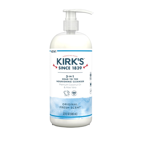 Pump bottle of Kirk's 3-in-1 nourishing cleanser featuring biodegradable, gentle formula with coconut oil and aloe vera, made in USA, ideal for Health & Wellness and Grooming collections.