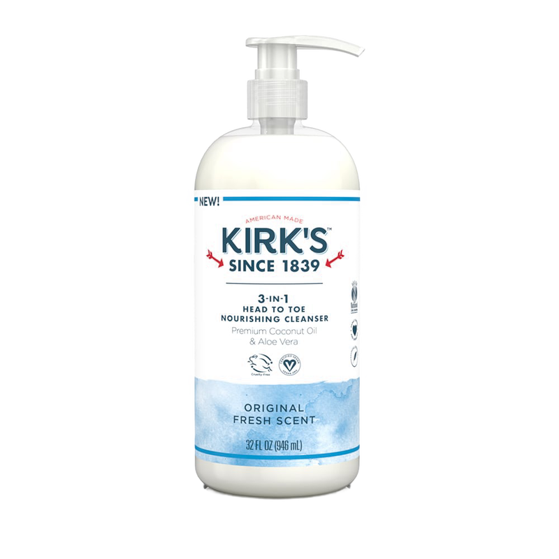 Pump bottle of Kirk's 3-in-1 nourishing cleanser featuring biodegradable, gentle formula with coconut oil and aloe vera, made in USA, ideal for Health & Wellness and Grooming collections.