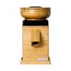Front view of a sleek electric grain mill with a natural bamboo finish and wooden bowl on top, designed for Kitchen & Food, Grain Mills, and Bread Making Supplies collections.