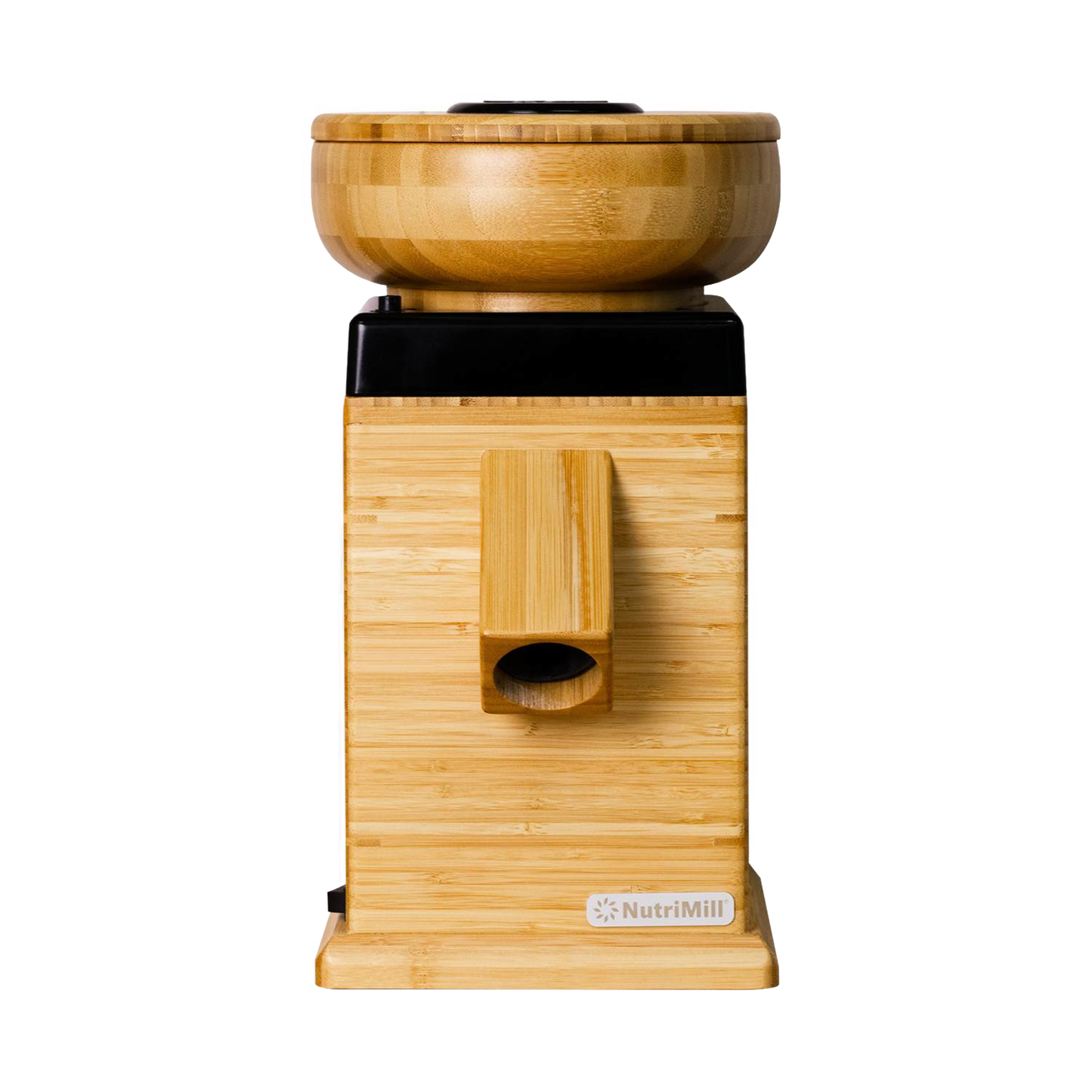Front view of a sleek electric grain mill with a natural bamboo finish and wooden bowl on top, designed for Kitchen & Food, Grain Mills, and Bread Making Supplies collections.