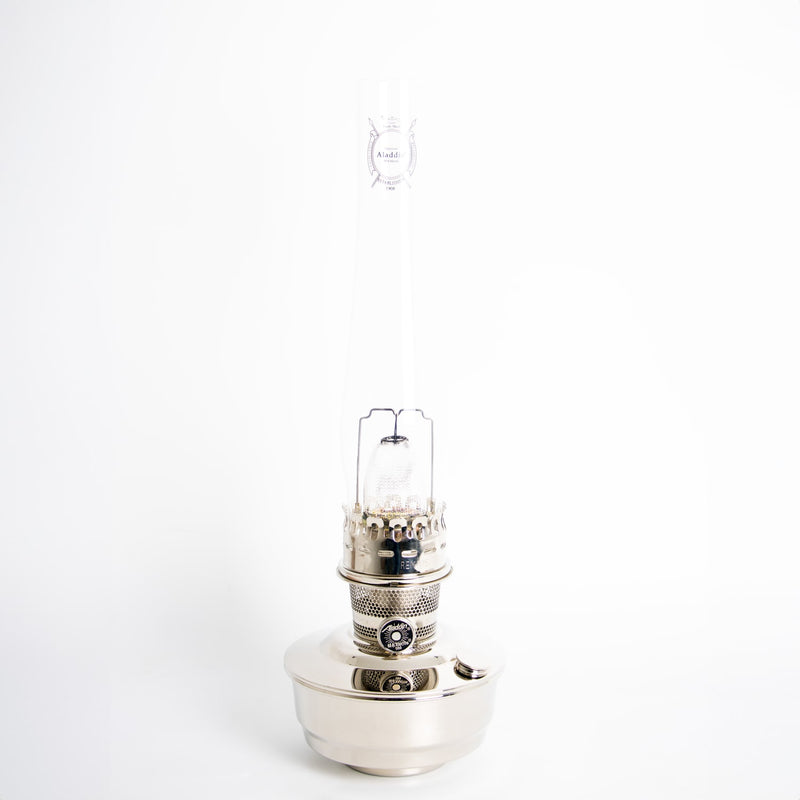 Handcrafted chrome-plated oil lamp with tall glass chimney, designed for bright illumination in Farm, Garden & Tool, Lamps & Lighting, Emergency Supplies, Oil Lamps, and Table Lamps collections.