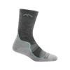 Light hiker micro crew sock in gray with turquoise details and mesh panels for breathability, handcrafted and made in USA, suitable for Health & Wellness, Camping, and Best Sellers collections.