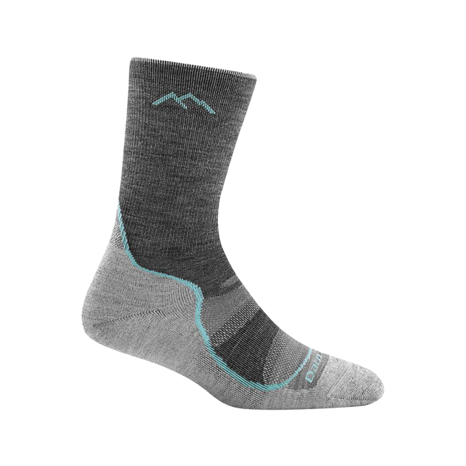 Light hiker micro crew sock in gray with turquoise details and mesh panels for breathability, handcrafted and made in USA, suitable for Health & Wellness, Camping, and Best Sellers collections.
