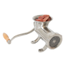 Stainless steel hand-cranked meat grinder with wooden handle and mounted base, containing fresh meat chunks, handcrafted and featured in Kitchen & Food, Specialty Equipment, and Butchering Supplies collections.