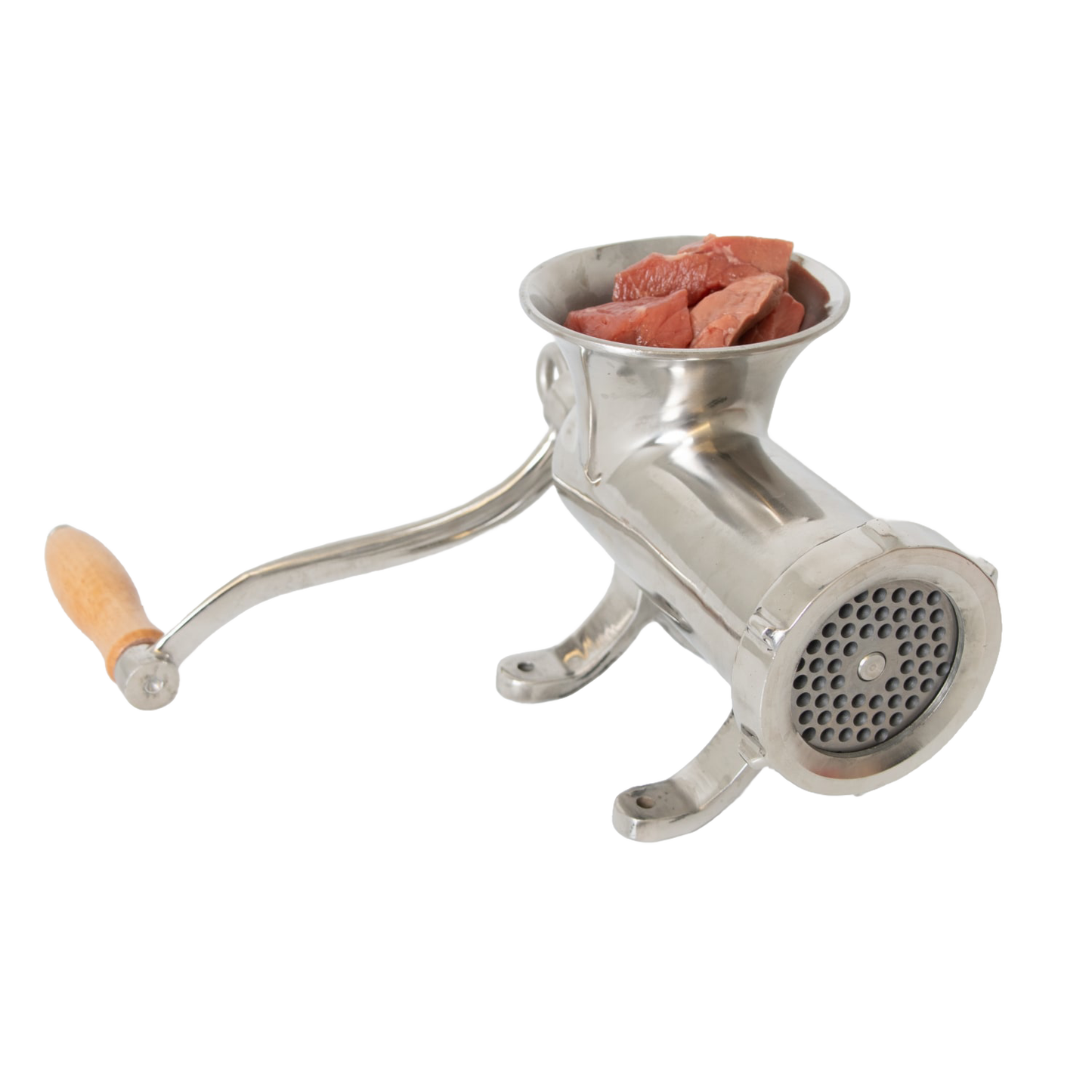 Stainless steel hand-cranked meat grinder with wooden handle and mounted base, containing fresh meat chunks, handcrafted and featured in Kitchen & Food, Specialty Equipment, and Butchering Supplies collections.