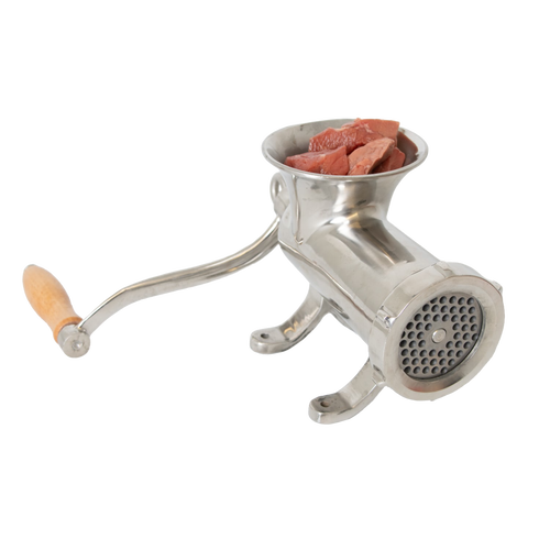 Stainless steel hand-cranked meat grinder with wooden handle and mounted base, containing fresh meat chunks, handcrafted and featured in Kitchen & Food, Specialty Equipment, and Butchering Supplies collections.