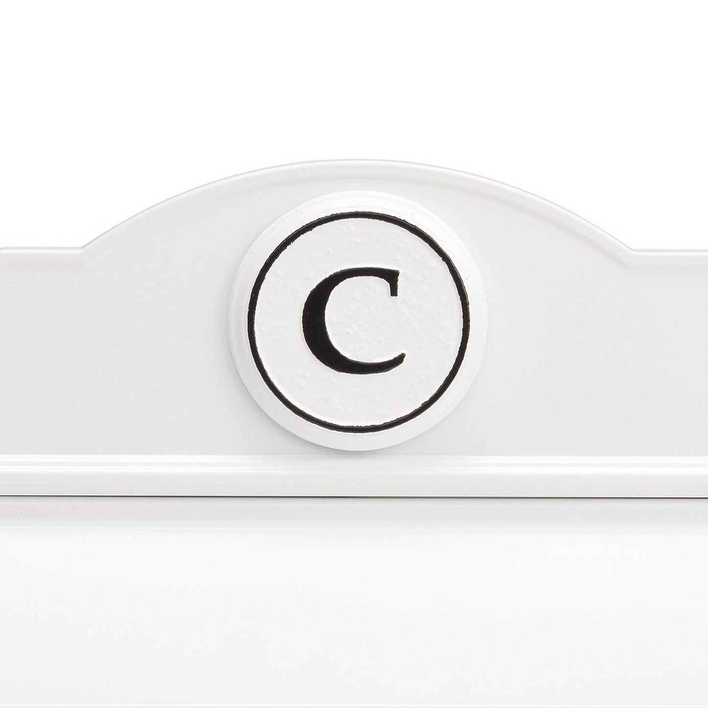 Close-up detail of a handcrafted white and black custom wall mount mailbox featuring a personalized monogram "C," showcasing quality craftsmanship in Home & Decor, Household Helpers, and USA Made collections.