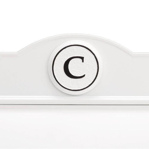 Close-up detail of a handcrafted white and black custom wall mount mailbox featuring a personalized monogram "C," showcasing quality craftsmanship in Home & Decor, Household Helpers, and USA Made collections.