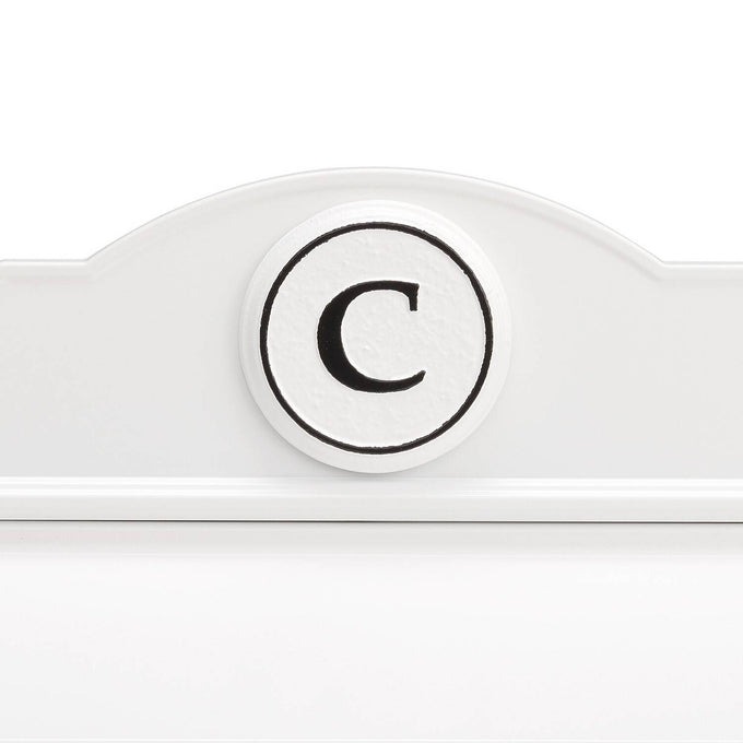 Close-up detail of a handcrafted white and black custom wall mount mailbox featuring a personalized monogram "C," showcasing quality craftsmanship in Home & Decor, Household Helpers, and USA Made collections.
