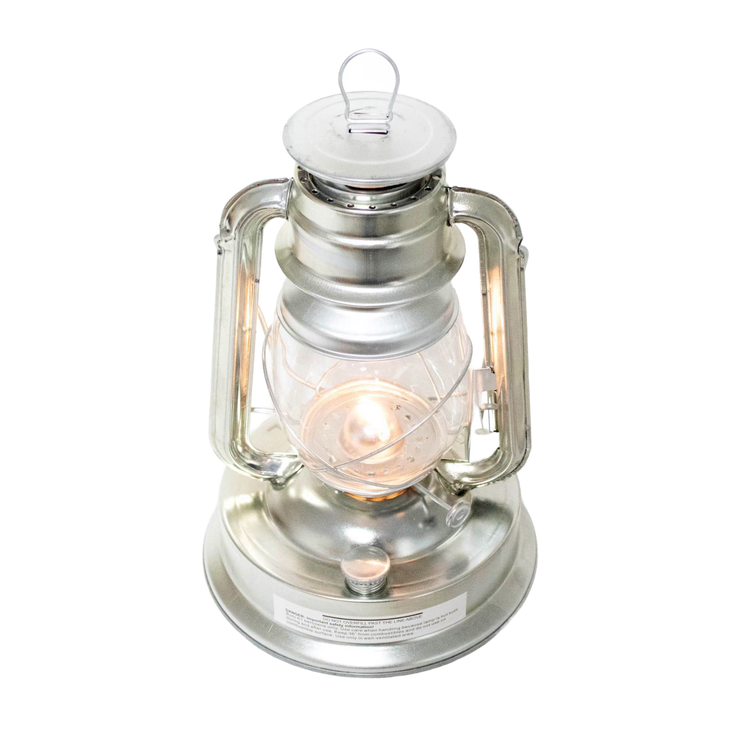Vintage-style silver metal oil lantern with clear glass globe and lit flame, designed for outdoor use in Farm, Garden & Tool, Camping, Emergency Supplies, and Pest Control collections.