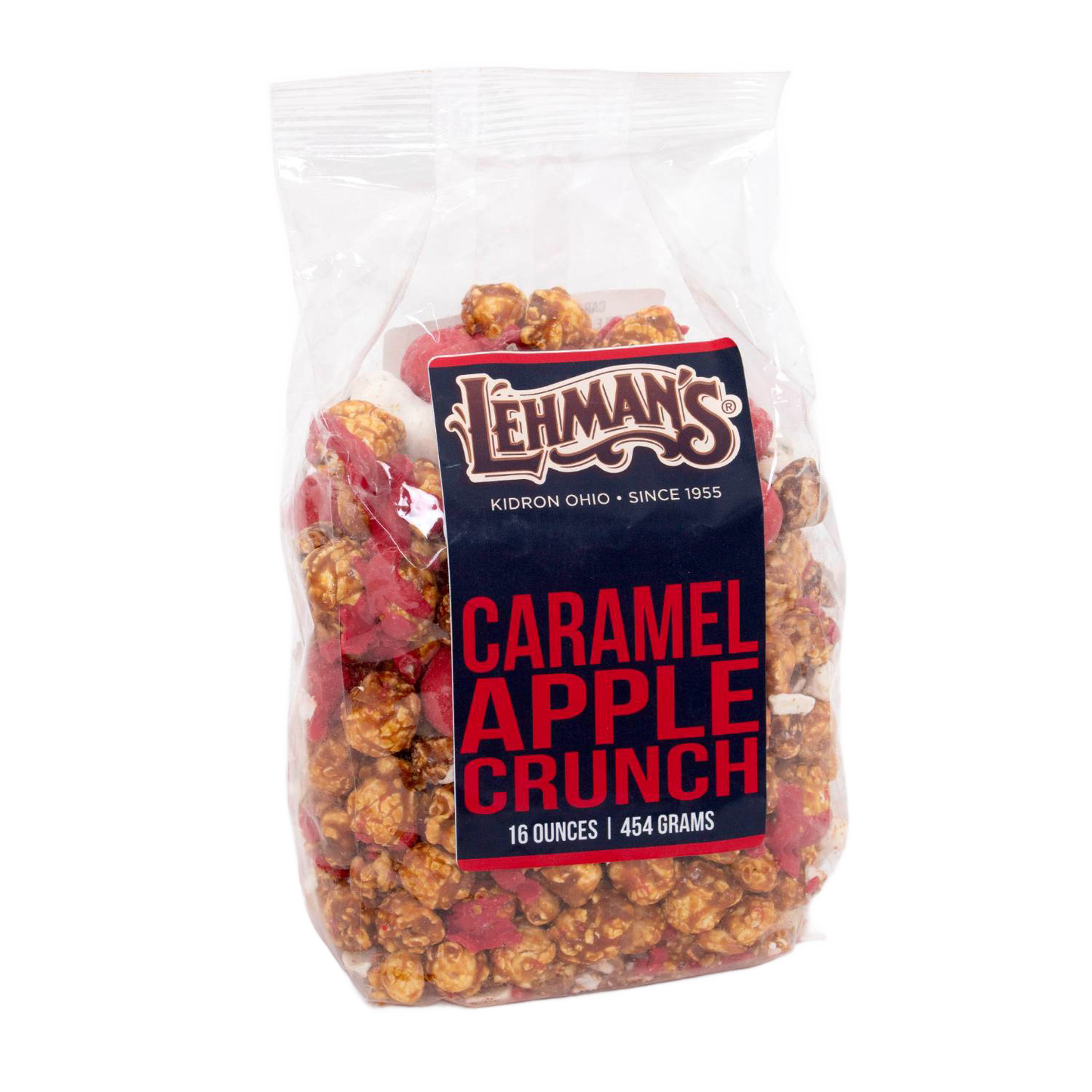 Clear bag of handcrafted caramel apple crunch popcorn with red apple-flavored pieces, showcasing a unique USA made snack in Kitchen & Food, Snacks and Sweets collections.
