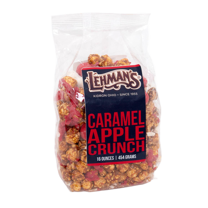 Clear bag of handcrafted caramel apple crunch popcorn with red apple-flavored pieces, showcasing a unique USA made snack in Kitchen & Food, Snacks and Sweets collections.