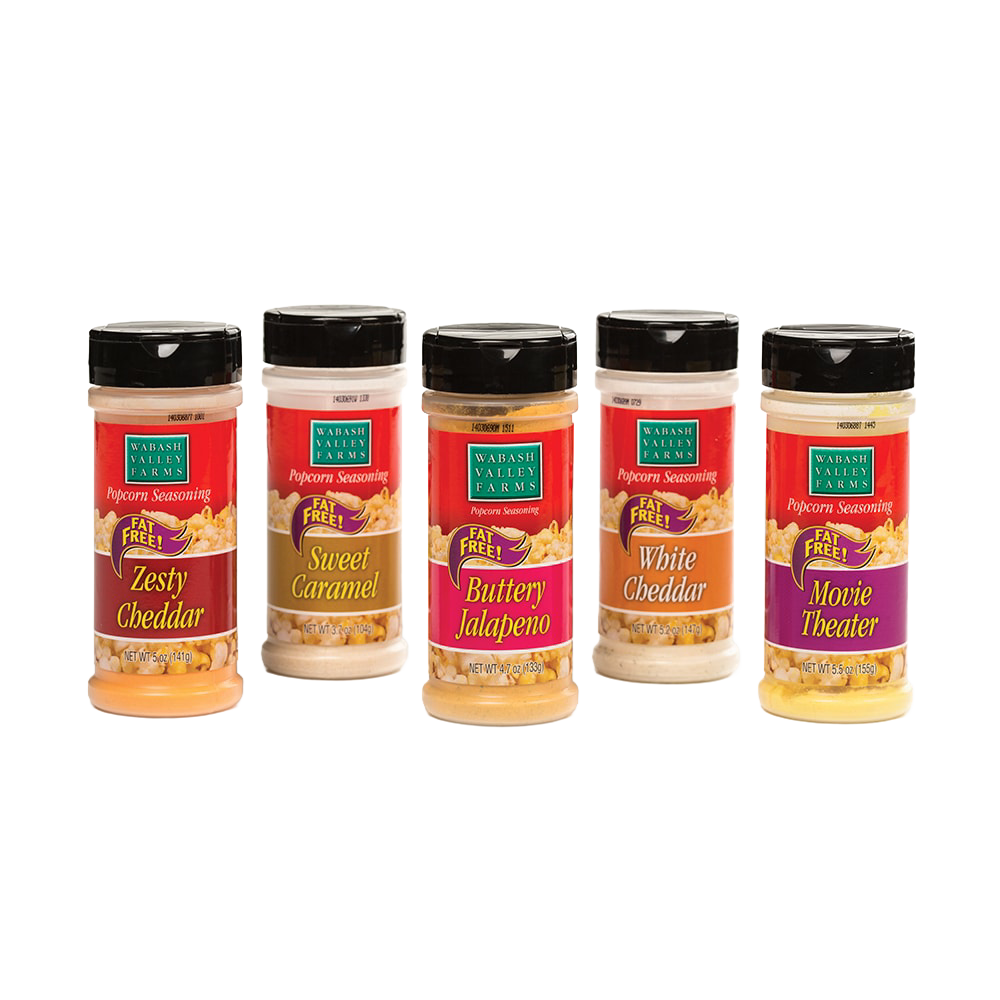 Five jars of handcrafted popcorn seasonings in flavors including Zesty Cheddar, Sweet Caramel, Buttery Jalapeno, White Cheddar, and Movie Theater, featured in Kitchen & Food and USA Made collections.