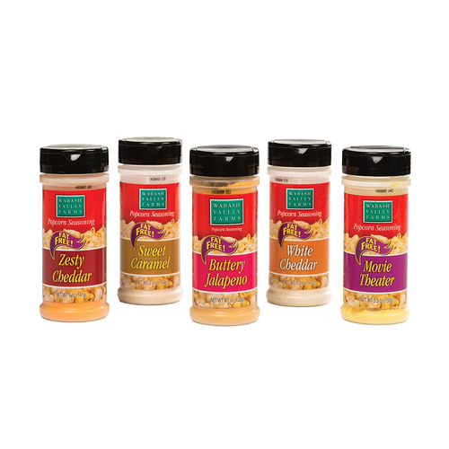 Five jars of handcrafted popcorn seasonings in flavors including Zesty Cheddar, Sweet Caramel, Buttery Jalapeno, White Cheddar, and Movie Theater, featured in Kitchen & Food and USA Made collections.