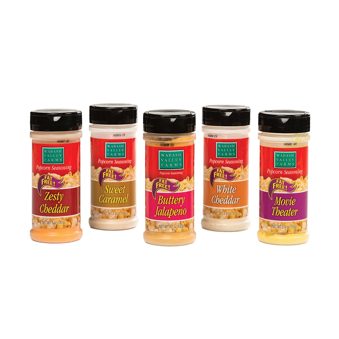Five jars of handcrafted popcorn seasonings in flavors including Zesty Cheddar, Sweet Caramel, Buttery Jalapeno, White Cheddar, and Movie Theater, featured in Kitchen & Food and USA Made collections.
