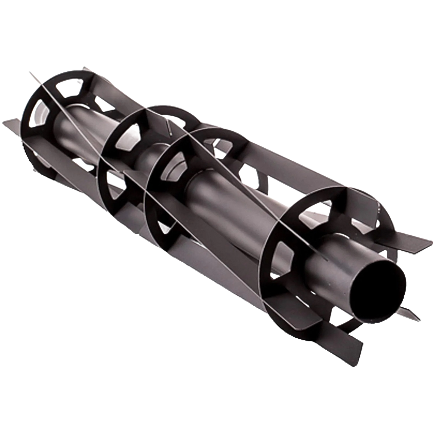 Black metal tipi sleeve component with longitudinal wings and circular cross frames designed to distribute heat evenly, suitable for camping and farm tool use.