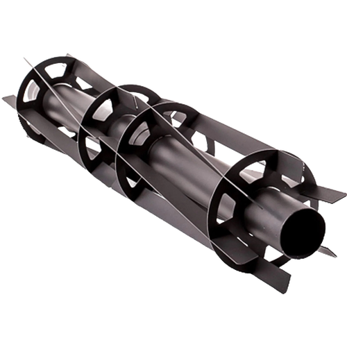 Black metal tipi sleeve component with longitudinal wings and circular cross frames designed to distribute heat evenly, suitable for camping and farm tool use.