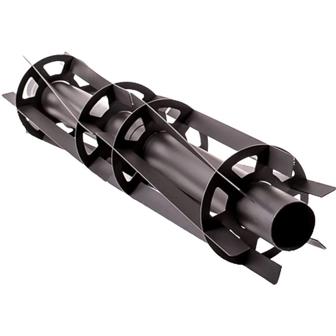 Black metal tipi sleeve component with longitudinal wings and circular cross frames designed to distribute heat evenly, suitable for camping and farm tool use.