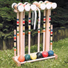 Handcrafted Amish-made maple croquet set with colorful striped mallets, balls, and wickets on wooden stand, ideal for outdoor play, lawn games, and children's toys collections.