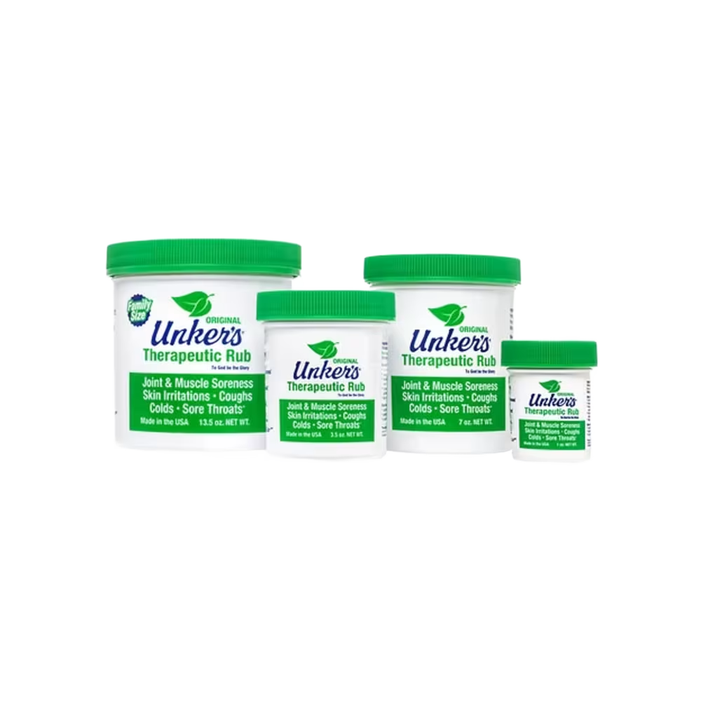 Set of handcrafted therapeutic rub containers in varying sizes, made in USA, soothing joint and muscle soreness, skin irritations, coughs, and colds, featured in Health & Wellness and Best Sellers collections.