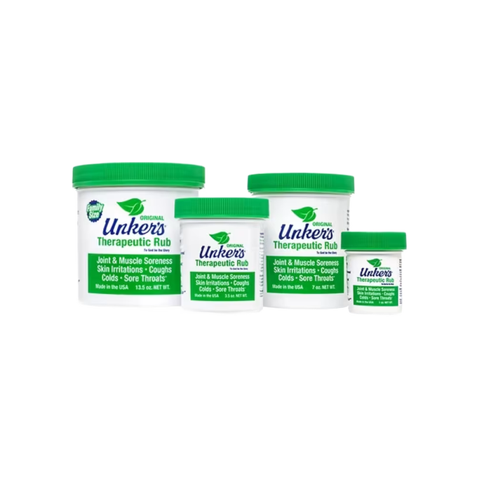 Set of handcrafted therapeutic rub containers in varying sizes, made in USA, soothing joint and muscle soreness, skin irritations, coughs, and colds, featured in Health & Wellness and Best Sellers collections.