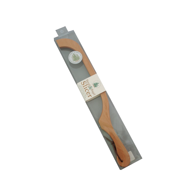 Handcrafted bread and bagel slicer with a wooden handle and ultra-thin serrated blade, made in USA, ideal for Kitchen & Food, Bread Making Supplies, and Choppers and Cutters collections.