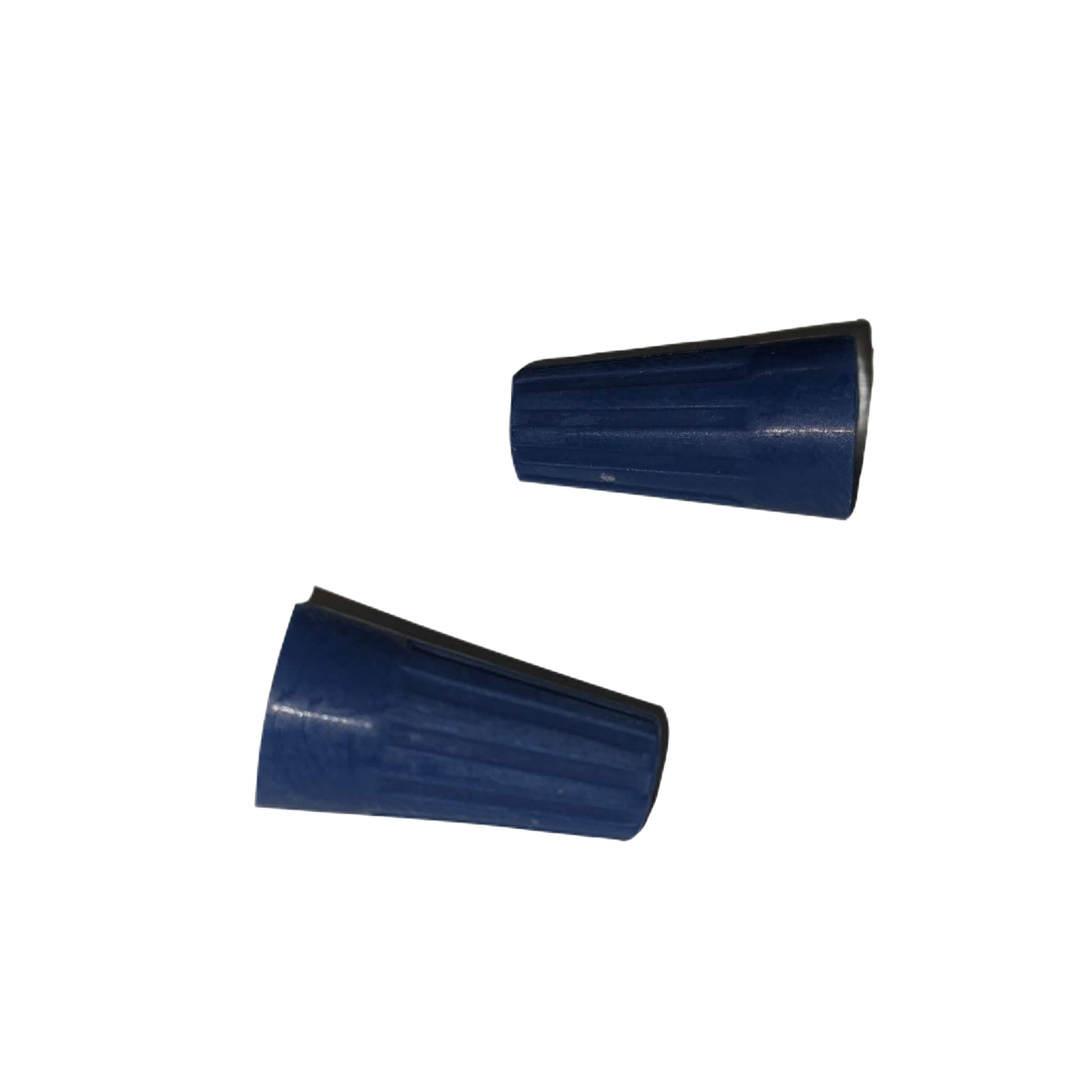 Two blue plastic wire connectors with ribbed texture, handcrafted for secure electric connections in lamps and lighting, emergency supplies, and parts collections.