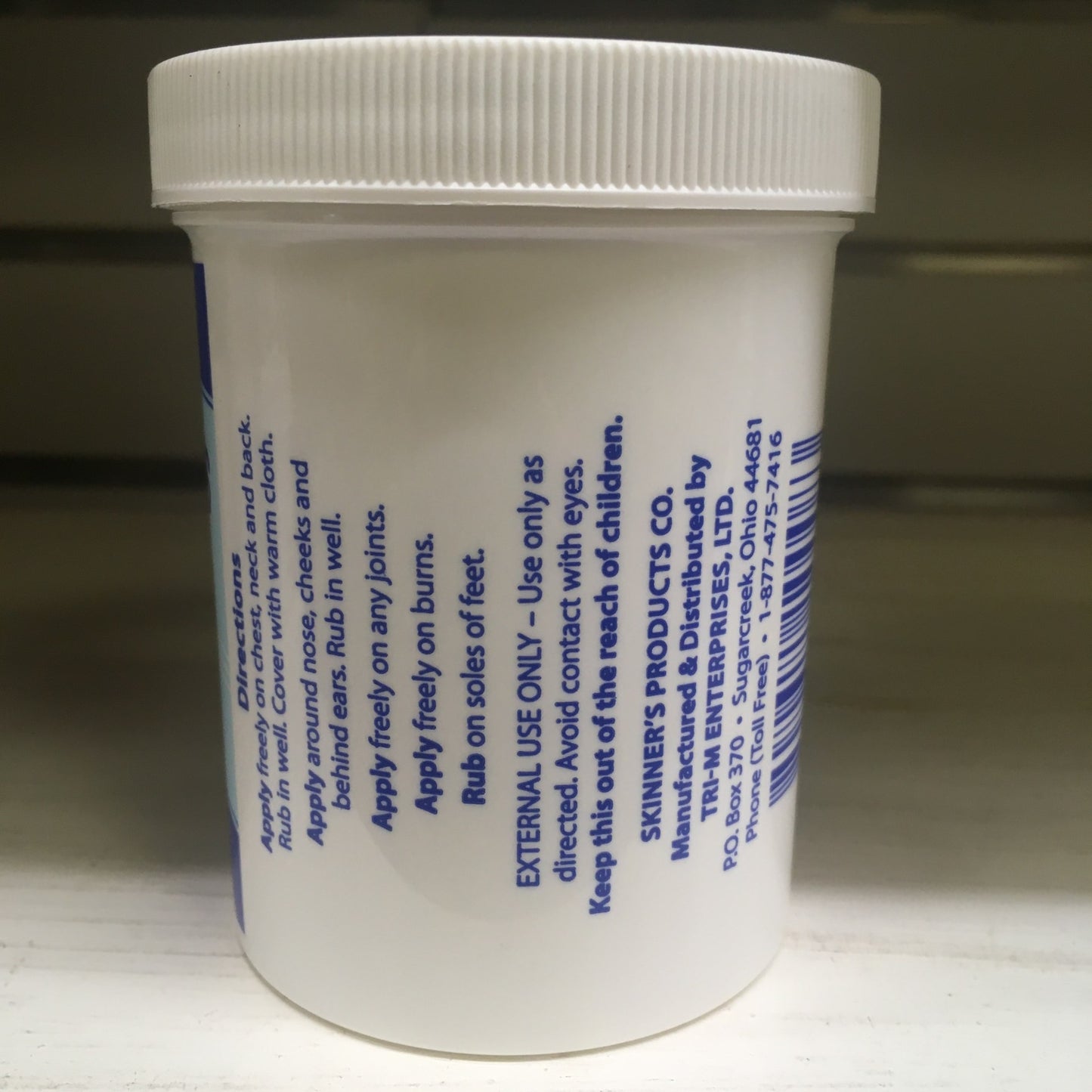 White plastic container of Skinner's Vaporizing Salve with detailed instructions and warnings, part of Health & Wellness, Health Remedies, USA Made, and Best Sellers collections.