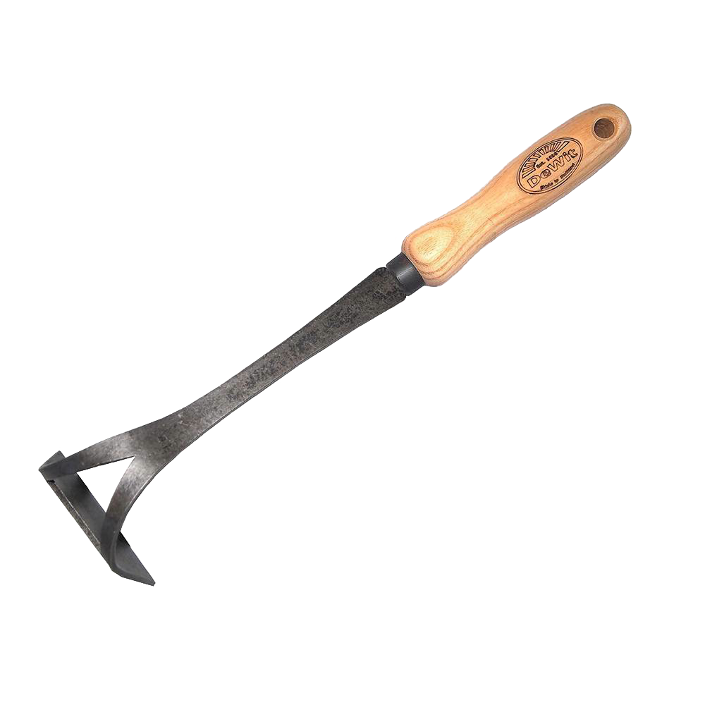 Handcrafted gardening hoe with a durable hardened boron steel blade and smooth wooden handle, designed for tight spaces and effective soil cultivation, ideal for farm, garden & tool use.