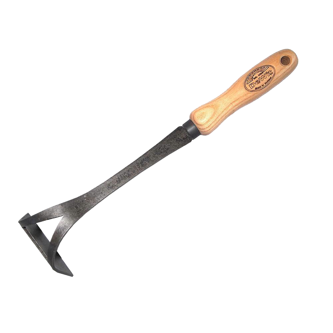 Handcrafted gardening hoe with a durable hardened boron steel blade and smooth wooden handle, designed for tight spaces and effective soil cultivation, ideal for farm, garden & tool use.