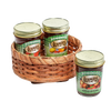Handcrafted Amish-made rotating lazy Susan basket woven from basket reed with a poplar base, holding glass jars of homemade jams and preserves, ideal for kitchen accessories.