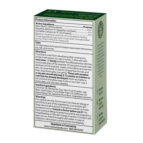 Box packaging of a handcrafted soap bar highlighting active natural ingredients like white willow, sassafras root bark, and gurnweed, with detailed instructions for soothing poison ivy, oak, and sumac irritation, featured in Health & Wellness, Farm, Garden & Tool, and USA Made collections.