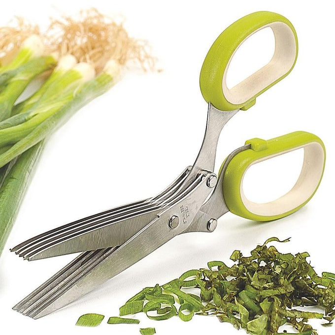 Stainless herb scissors with five parallel blades and green handles, designed for quick, precise chopping of fresh herbs, ideal for Kitchen & Food and Food Prep collections.