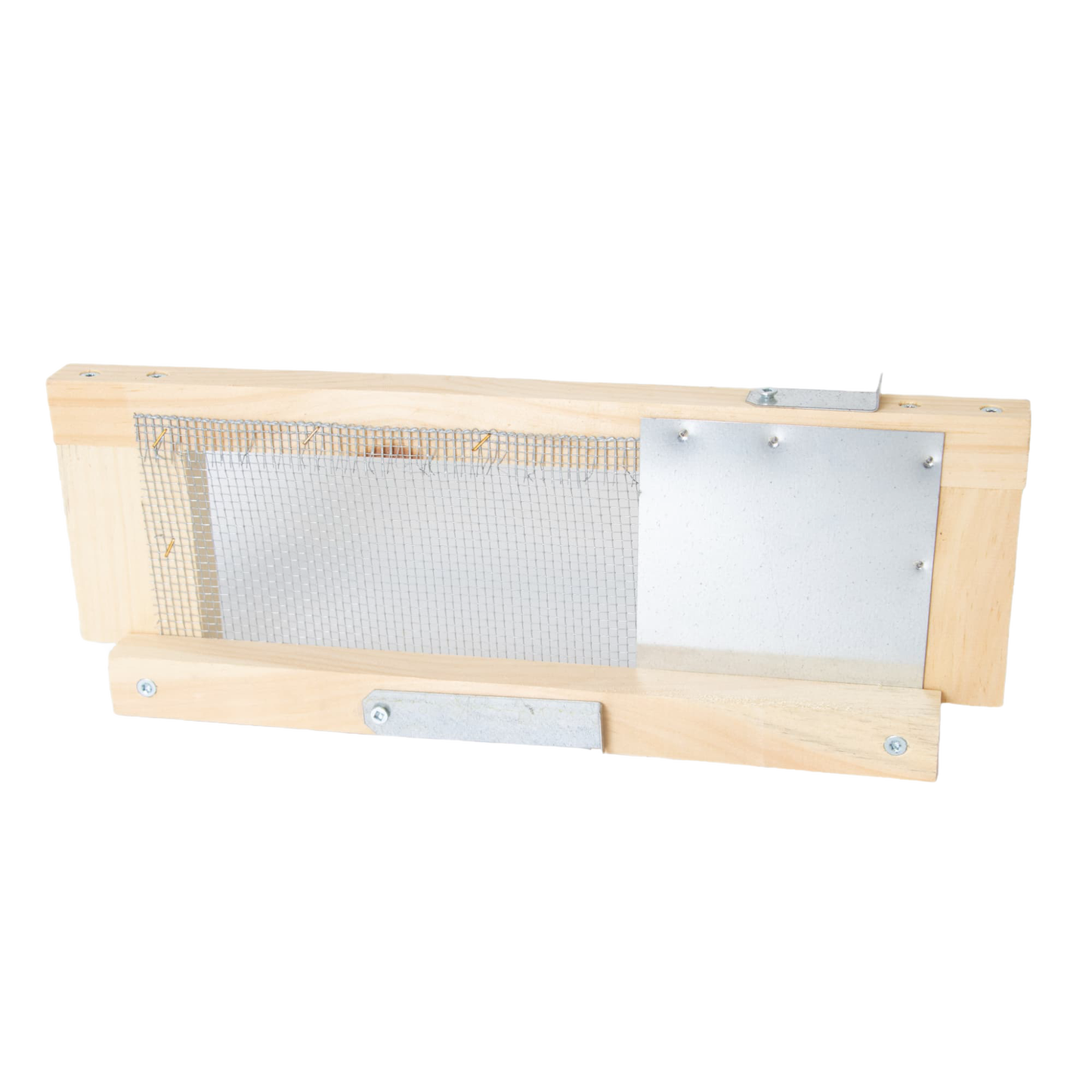 Handcrafted Amish-made wooden robbing screen with metal mesh and sliding metal latch, designed to protect 8-frame hives by controlling bee entry, ideal for Farm, Garden & Tool and Beekeeping Supplies collections.