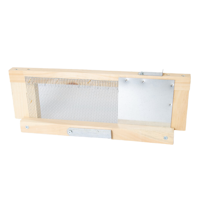 Handcrafted Amish-made wooden robbing screen with metal mesh and sliding metal latch, designed to protect 8-frame hives by controlling bee entry, ideal for Farm, Garden & Tool and Beekeeping Supplies collections.