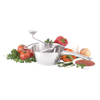 Hand-cranked stainless steel food mill with long handle surrounded by fresh vegetables and a bowl of red sauce, suitable for Kitchen & Food, Farm, Garden & Tool, and Food Prep collections.