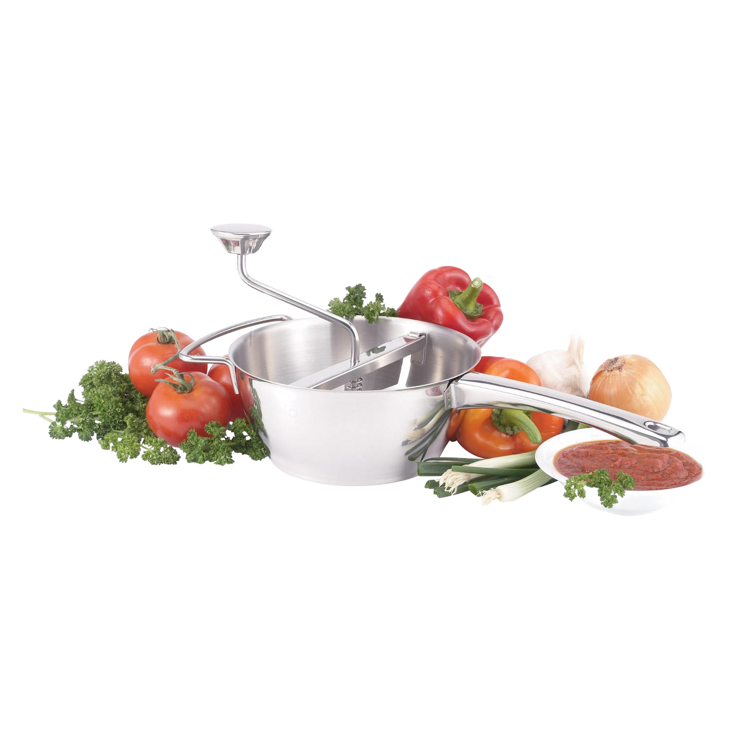 Hand-cranked stainless steel food mill with long handle surrounded by fresh vegetables and a bowl of red sauce, suitable for Kitchen & Food, Farm, Garden & Tool, and Food Prep collections.