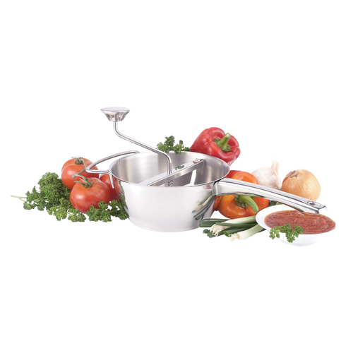 Hand-cranked stainless steel food mill with long handle surrounded by fresh vegetables and a bowl of red sauce, suitable for Kitchen & Food, Farm, Garden & Tool, and Food Prep collections.