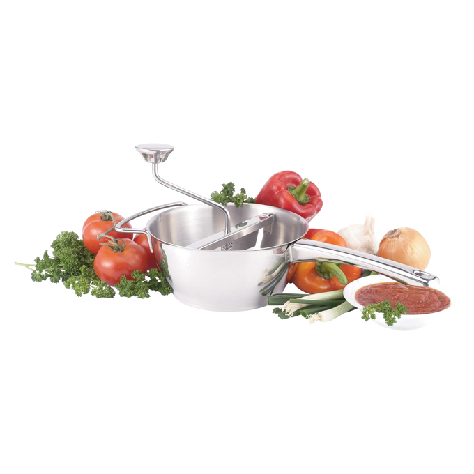 Hand-cranked stainless steel food mill with long handle surrounded by fresh vegetables and a bowl of red sauce, suitable for Kitchen & Food, Farm, Garden & Tool, and Food Prep collections.