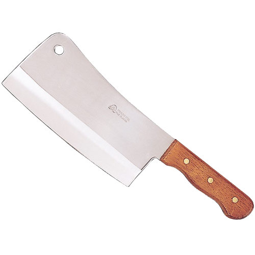 Sharp stainless steel meat cleaver with a full-tang wooden handle secured by triple rivets and a hanging hole, ideal for farm, kitchen, and butchering tasks.
