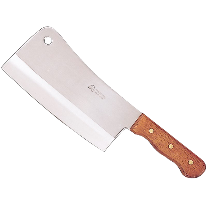 Sharp stainless steel meat cleaver with a full-tang wooden handle secured by triple rivets and a hanging hole, ideal for farm, kitchen, and butchering tasks.