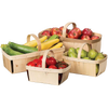 Set of four handcrafted poplar wood harvest baskets in varying sizes, each with double strap handles, filled with fresh garden produce, ideal for farm, garden, and USA Made collections.