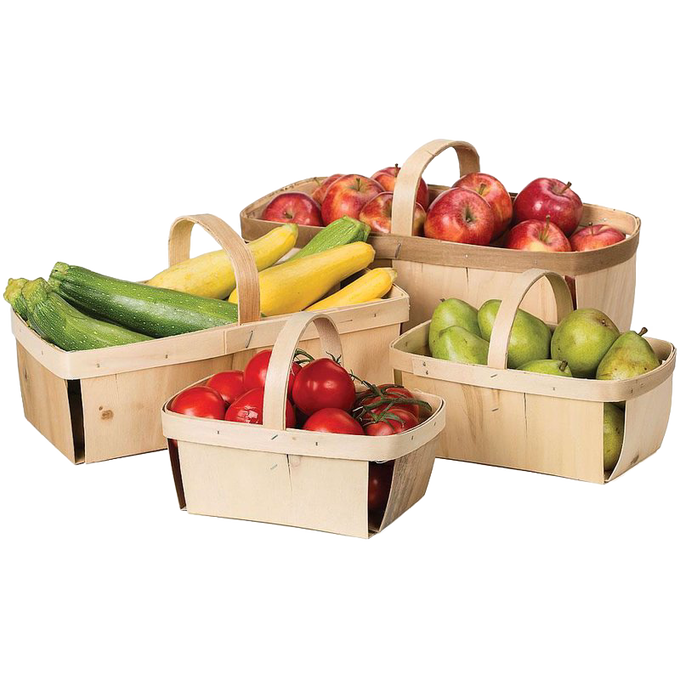 Set of four handcrafted poplar wood harvest baskets in varying sizes, each with double strap handles, filled with fresh garden produce, ideal for farm, garden, and USA Made collections.