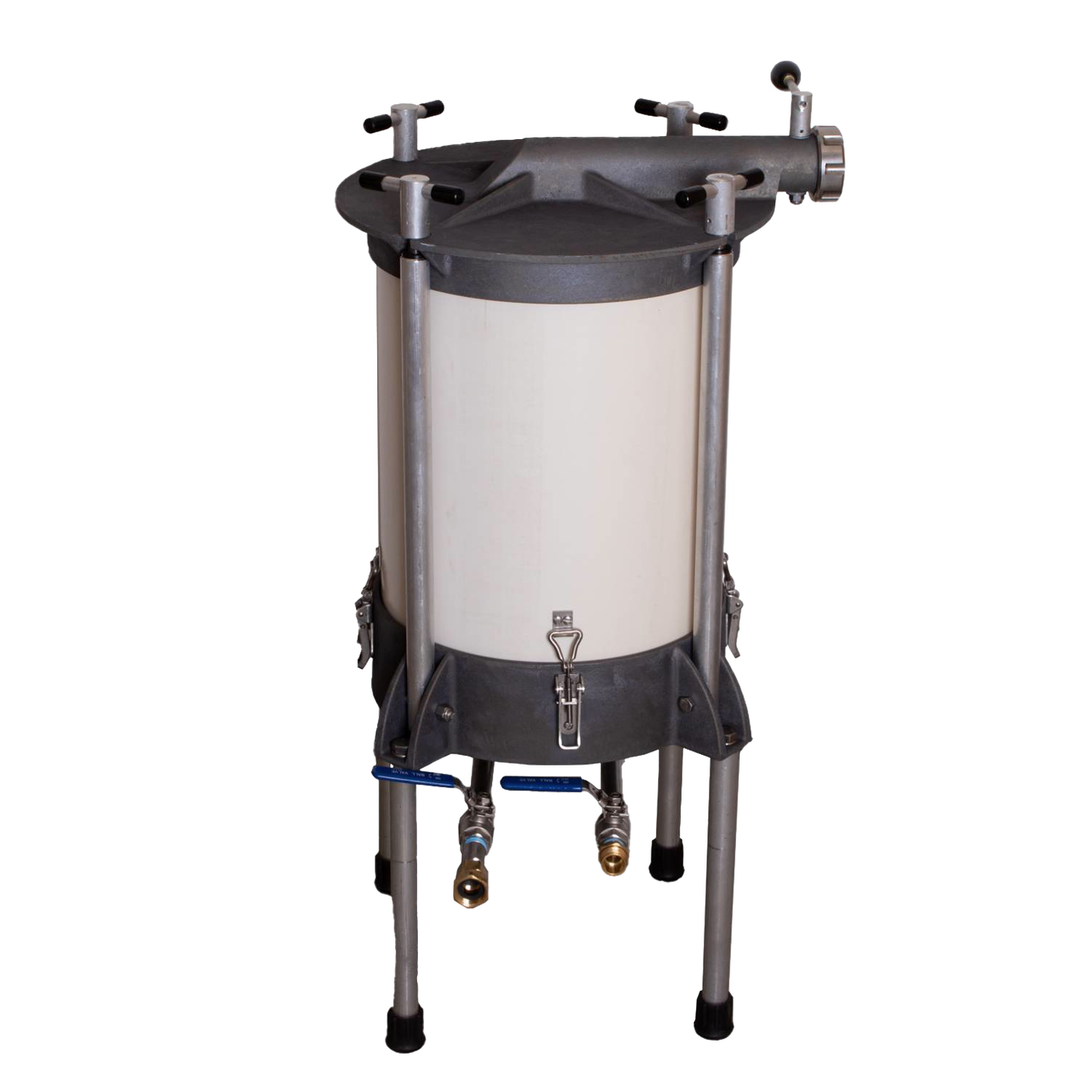 High-capacity water-powered sausage stuffer with sturdy freestanding metal frame and durable cylindrical chamber, designed for bulk sausage making in Kitchen & Food and Butchering Supplies collections.