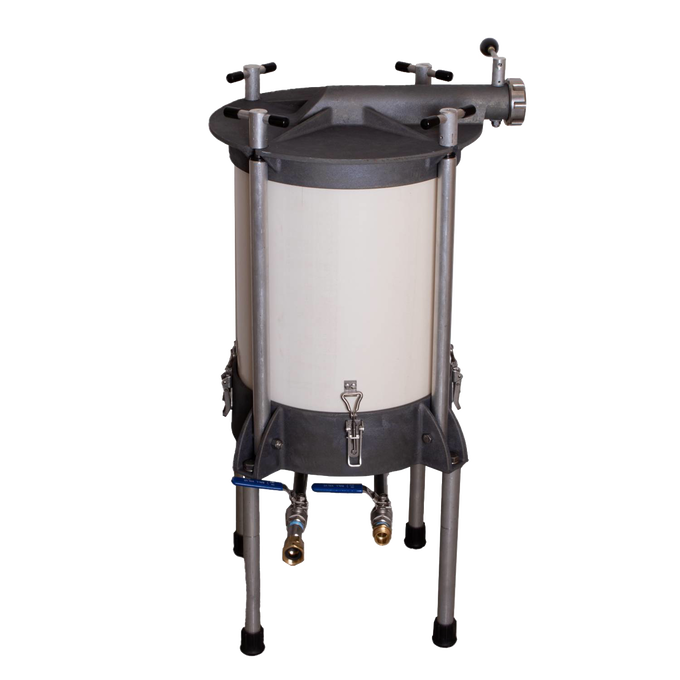 High-capacity water-powered sausage stuffer with sturdy freestanding metal frame and durable cylindrical chamber, designed for bulk sausage making in Kitchen & Food and Butchering Supplies collections.