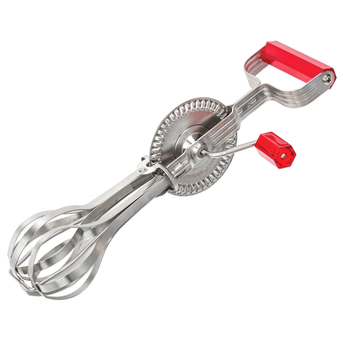 Vintage-style hand-cranked egg beater with antique 18/8 stainless steel beaters and red sturdy plastic handles, designed for Kitchen & Food, Kitchen Gadgets, and Baking Helpers collections.